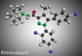 Rimonabant molecule. It is anorectic anti-obesity drug. Molecular model. 3D rendering