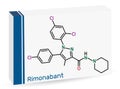 Rimonabant molecule. It is anorectic anti-obesity drug. Skeletal chemical formula. Paper packaging for drugs