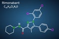 Rimonabant molecule. It is anorectic anti-obesity drug. Structural chemical formula on the dark blue background