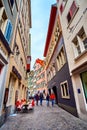 Rindermarkt strteet with cozy outdoor seatings of local restaurants, on April 3 in Zurich, Switzerland