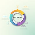 Ring chart divided into 3 sectors with arrows pointing at thin line icons and text boxes. Futuristic infographic design