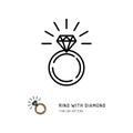 Ring With Diamond Icon, engagement and wedding ring. Line art design, Vector illustration