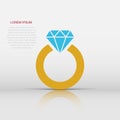 Ring with diamond vector icon in flat style. Gold jewelery ring illustration on white isolated background. Engagement business Royalty Free Stock Photo