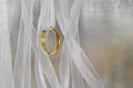 Ring gold with white ribbon mesh has a soft ripple ,Love and remembrance and empty space for text.