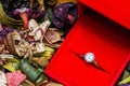 Ring in a jewelry box on background of mix of potpourri Royalty Free Stock Photo