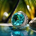 A ring with a large blue gem sitting on a rock, AI Royalty Free Stock Photo
