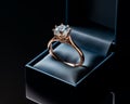 Golden ring with a large diamond in a blue box