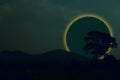 Ring lunar eclipse back silhouette tree and mountain on night sky Royalty Free Stock Photo