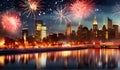 Ring in the new year with a stunning Christmas background, featuring a sparkling cityscape and a glowing fireworks Royalty Free Stock Photo