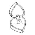 Ring with a gemstone in a heart-shaped box. Sketch. Finger ring. Decoration for engagement. Vector illustration.