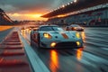 Ring racing cars race at high speed on a wet race track against the backdrop of spectator stands