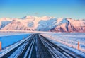 The Ring Road Route 1 on a sunny winter day to the snow-capped mountains, South of Iceland Royalty Free Stock Photo