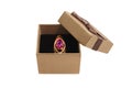 Ring with ruby gemstone in jewelry box Royalty Free Stock Photo