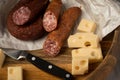 Ring Salami pork sausage with German BierbeiÃÅ¸er and Edamer cheese in wax paper with knife on wooden board background for Brotzeit