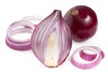 Ring slices and bulb and a half of red onion, isolated on a white background