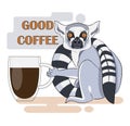 A ring-tailed lemur with large frightened eyes holds a chaka with coffee in his hand.