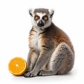 Ring-Tailed Lemur With Orange Slice On White Background Royalty Free Stock Photo