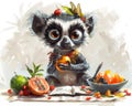 Ring-tailed Lemur With Orange Writing in Notebook Surrounded by Fresh Fruit Royalty Free Stock Photo