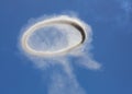 Ring of white smoke forming against blue sky from munitions firing