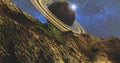 Ringed Planet Over Mountainious Landscape Royalty Free Stock Photo