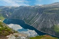 Ringedalsvatnet mountain lake panorama, near Trolltunga, Norway Royalty Free Stock Photo