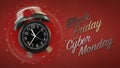 Ringing alarm clock with black Friday and cyber Monday text isolated on red sparkle background with stars, ticket gift card or