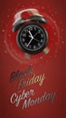 Ringing alarm clock with black Friday and cyber Monday text isolated on red sparkle background with stars, ticket gift card or