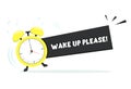 Ringing alarm clock in flat modern style with a shadow on a white background and text - waake up please