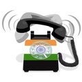 Ringing black stationary phone with rotary dial and with flag of India