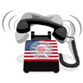 Ringing black stationary phone with rotary dial and flag of USA