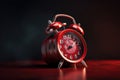 Ringing and bouncing red alarm clock background. AI generated