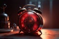 Ringing and bouncing red alarm clock background. AI generated