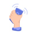 Ringing phone in hand, flat style illustration on white background. Contact us icon