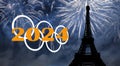 Rings and celebratory colorful fireworks over the Eiffel Tower in Paris (2024), France