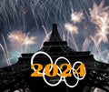 Rings and celebratory colorful fireworks over the Eiffel Tower in Paris (2024), France