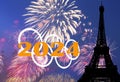 Rings and celebratory colorful fireworks over the Eiffel Tower in Paris (2024), France