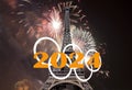 Rings and celebratory colorful fireworks over the Eiffel Tower in Paris (2024), France