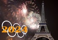 Rings and celebratory colorful fireworks over the Eiffel Tower in Paris (2024), France