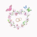 Rings, cherry, apple, flowers, butterfly. Watercolor isolated object.