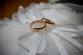 The rings on the flowers, in a box, on a white fabric on toys, colors, wedding details, wedding rings