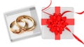 Rings golden marriage marry gift box open empty to put your gift or text top view red ribbon flower red whte background - 3d