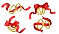 Rings with ribbons. Realistic 3d golden tradition wedding pair rings, yellow metal, red satiny tapes with bows, different