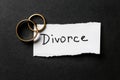 Rings with word DIVORCE on dark background Royalty Free Stock Photo