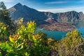 Rinjani active volcano mountain view from Sembalun crater campsite in a morning sunrise, Lombok island in Indonesia Royalty Free Stock Photo