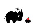 Rhino and hedgehog cartoon illustration isolated on white background, vector. Rhino and hedgehog silhouette and red apple Royalty Free Stock Photo