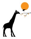 Giraffe and bird cartoon illustration isolated on white background, vector. Giraffe and bird silhouette on branch on sunset Royalty Free Stock Photo