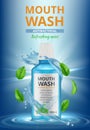 Rinse water ads. Dental medical poster mouthwash fresh cleaning water splashes vector realistic placard