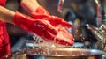 Rinsing Dishes with Water in Red Rubber Gloves. Generative ai