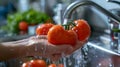 Rinsing Fresh Tomatoes in Water at Home Kitchen