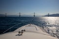 The Rio Antirrio Bridge or Charilaos Trikoupis Bridge, photo taken from the boat in summer morning. Royalty Free Stock Photo